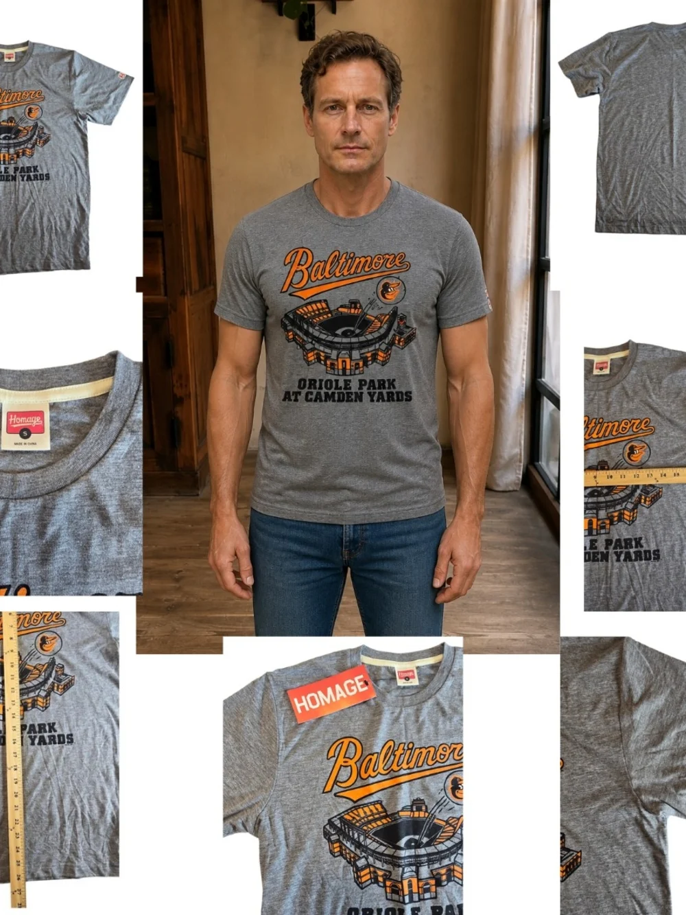 HOMAGE Gray Tee with Orange Baltimore Stadium Graphic Size Small